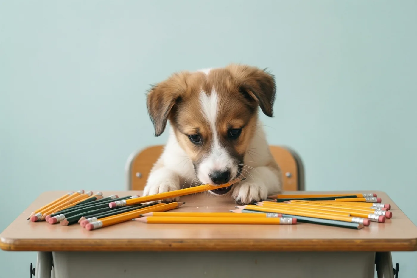 Een kleine bruin-witte pup kauwt op een geel potlood aan een houten schoolbank vol geslepen gele en groene potloden, tegen een lichtblauwe achtergrond.