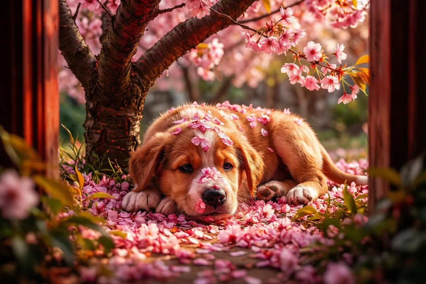 Een goudkleurige pup ligt onder een kersenbloesemboom met roze bloemblaadjes over zijn hele lijf en op de grond, omlijst door houten palen.