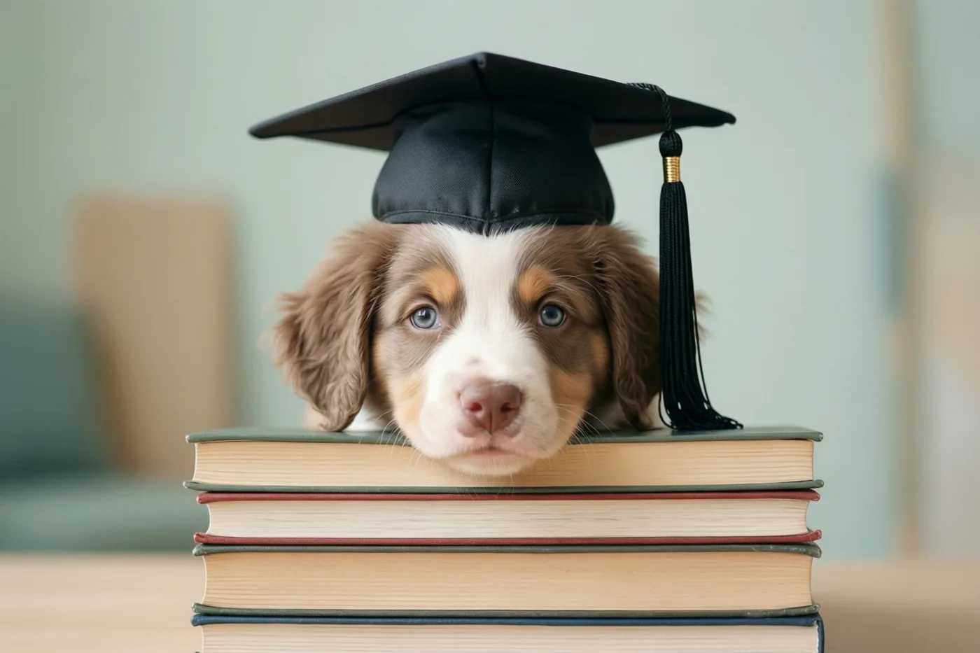 Een puppy met een afstudeerhoed kijkt van achter een stapel boeken in een binnenruimte met een zacht wazige achtergrond in bruin, wit en zwart.