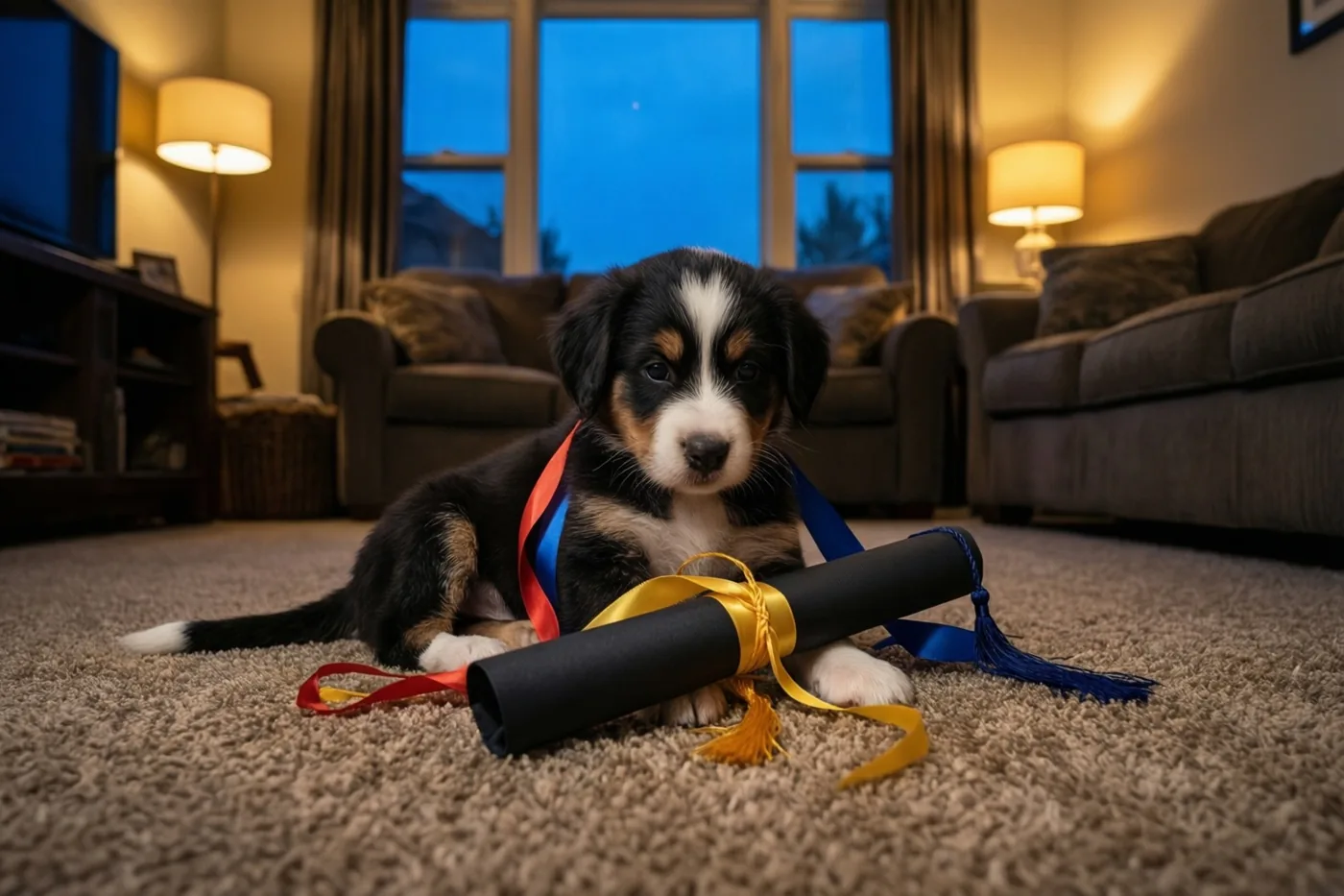 Een zwart-wit-bruine puppy ligt op een beige tapijt met een opgerold diploma met rode, blauwe en gele linten voor zich, in een woonkamer met warm lamplicht en grote ramen met zicht op de schemerlucht.