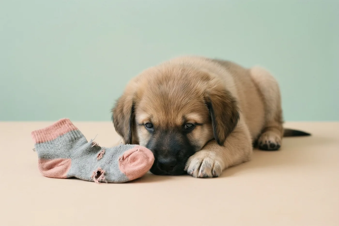 Een kleine lichtbruine puppy ligt op een beige ondergrond met zijn kop op zijn voorpoot naast een gescheurde grijs-roze sok, tegen een effen lichtgroene achtergrond.
