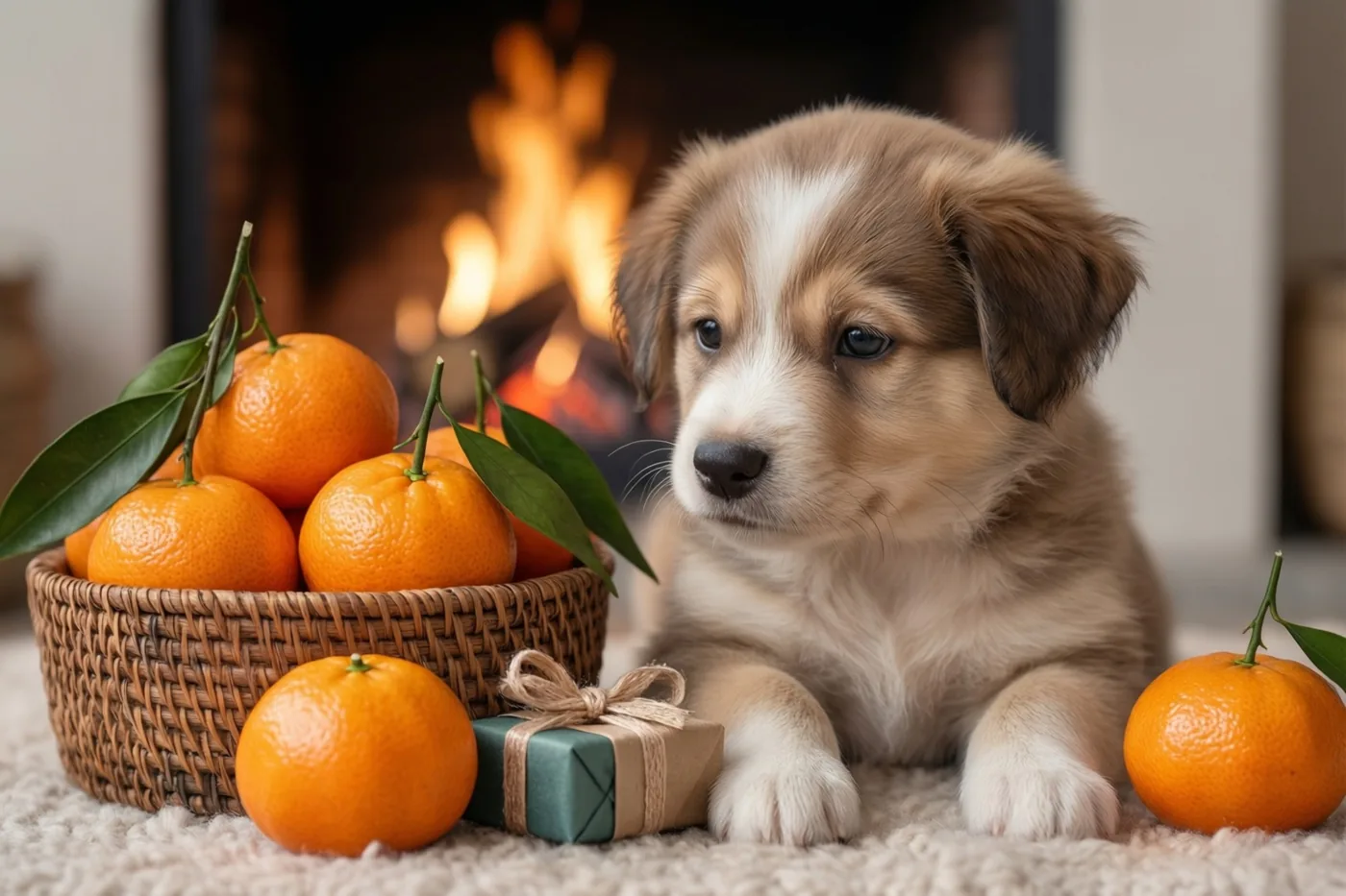 Een kleine bruin-witte puppy zit op een tapijt naast een gevlochten mand vol mandarijnen, een ingepakt cadeautje en losse mandarijnen, met een warm vuur op de achtergrond.