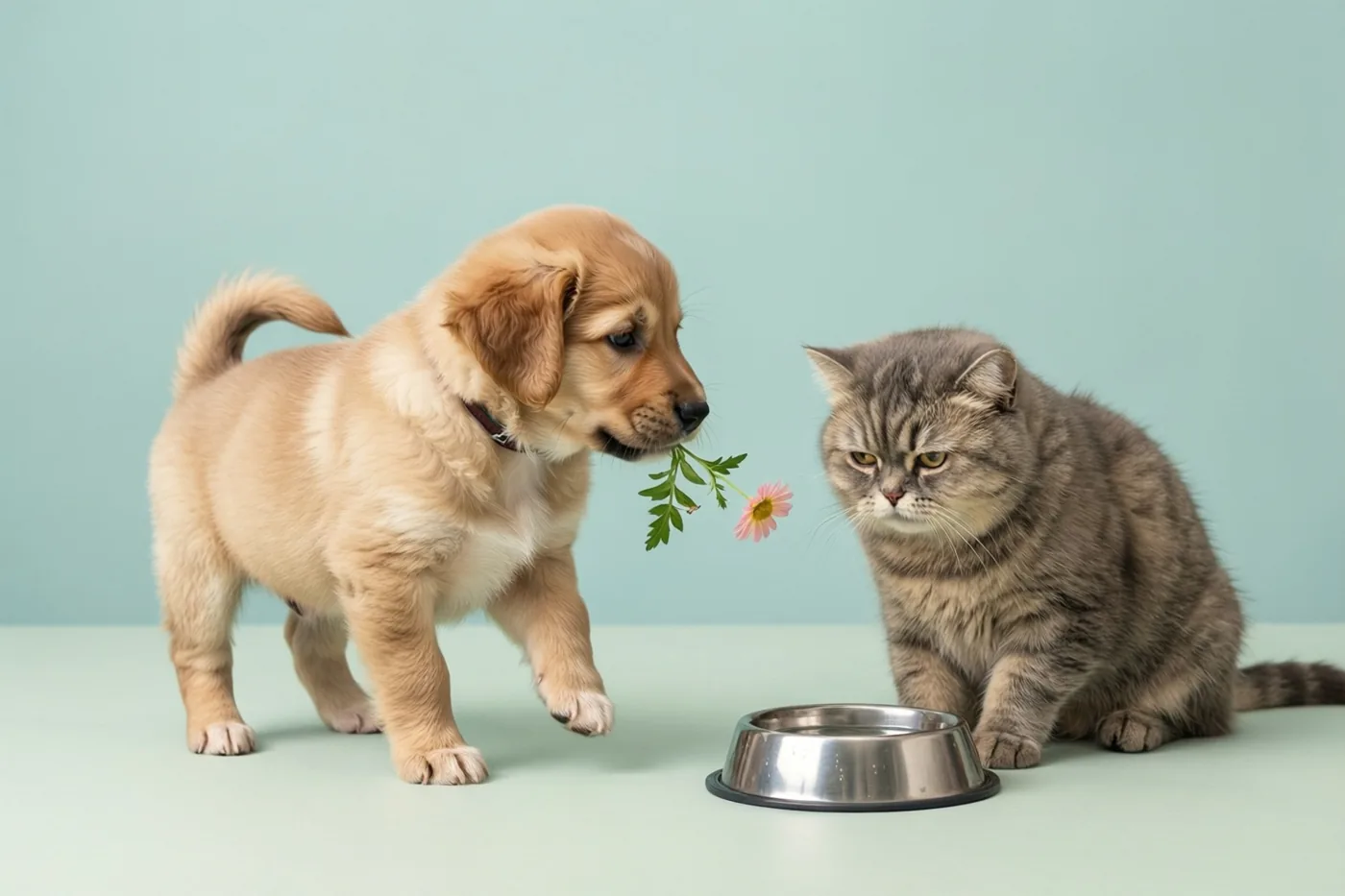 Een goldenretrieverpuppy draagt een klein roze bloemetje naar een nors kijkende grijze gestreepte kat naast een metalen voerbak, tegen een lichtblauwe achtergrond met een bijpassende vloer.