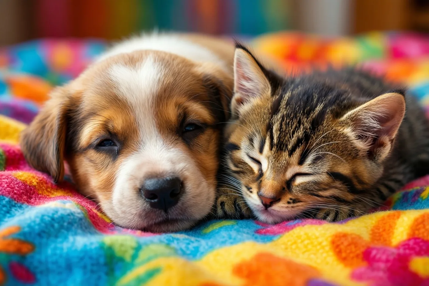 Een puppy en een kitten liggen samen opgerold te slapen op een kleurrijk deken met patronen.