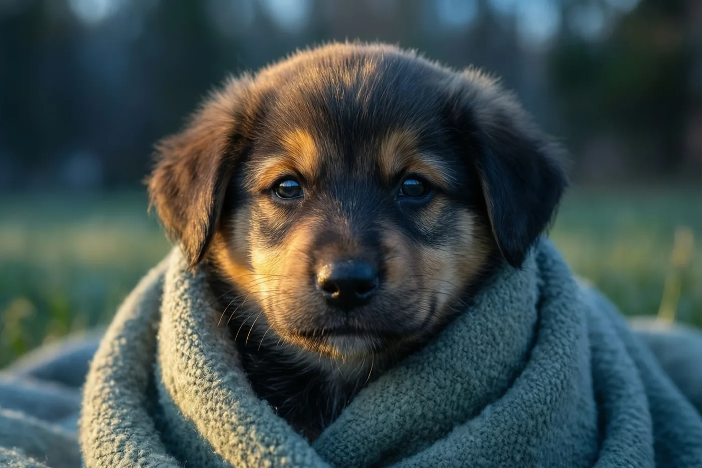Een kleine zwart-bruine puppy zit in een zachte groene deken op een plek met gras en kijkt naar de camera, met ochtendzon op zijn snoet.