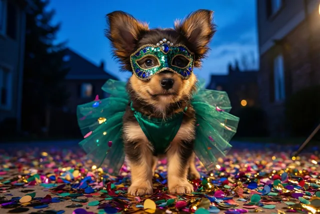 Een puppy vol carnavalsglitters