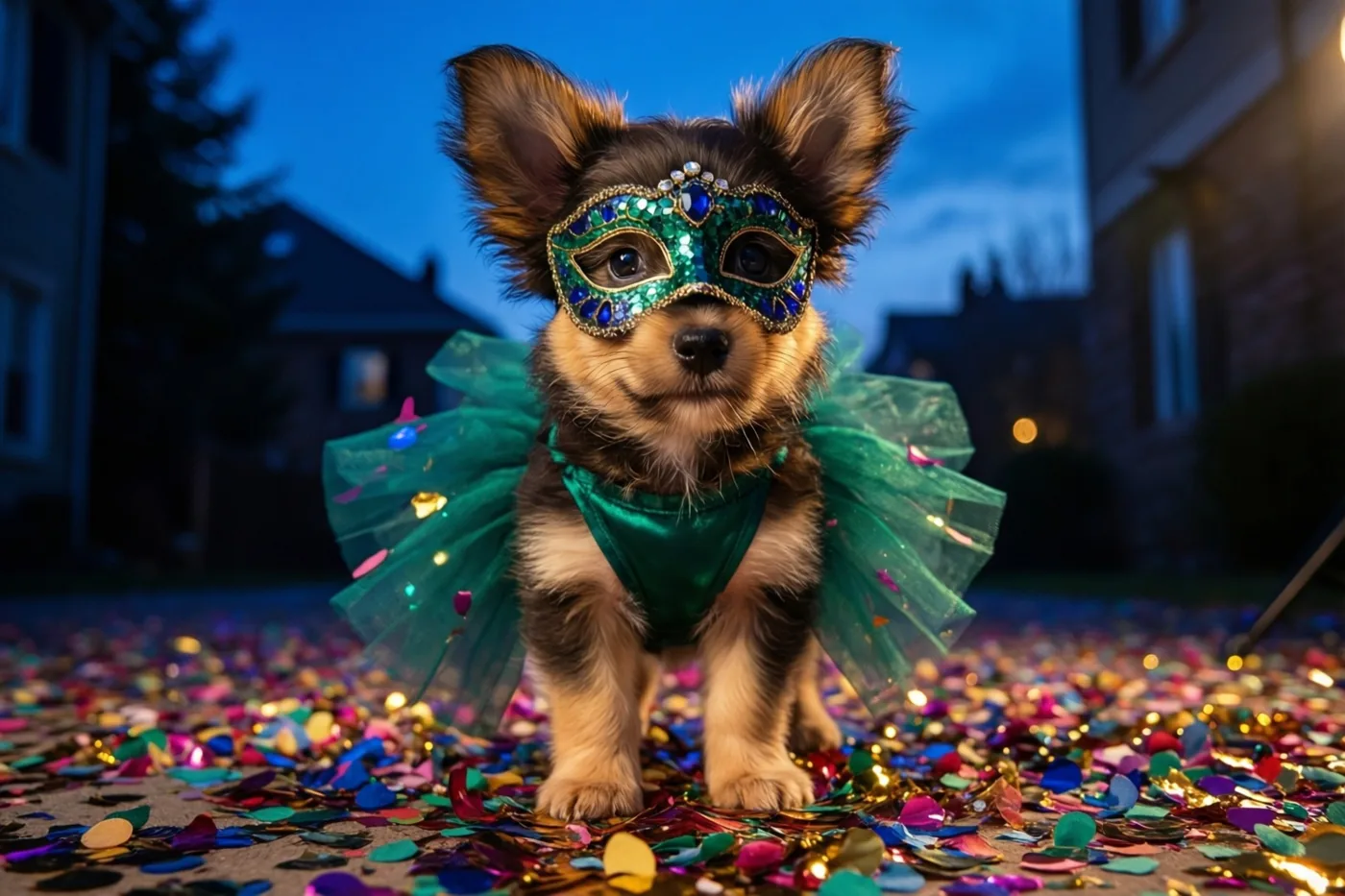 Een kleine puppy met een groen paillettenmasker en een bijpassende tutu staat buiten bij schemering op een ondergrond vol confetti, met wazige huizen onder een blauwe hemel.