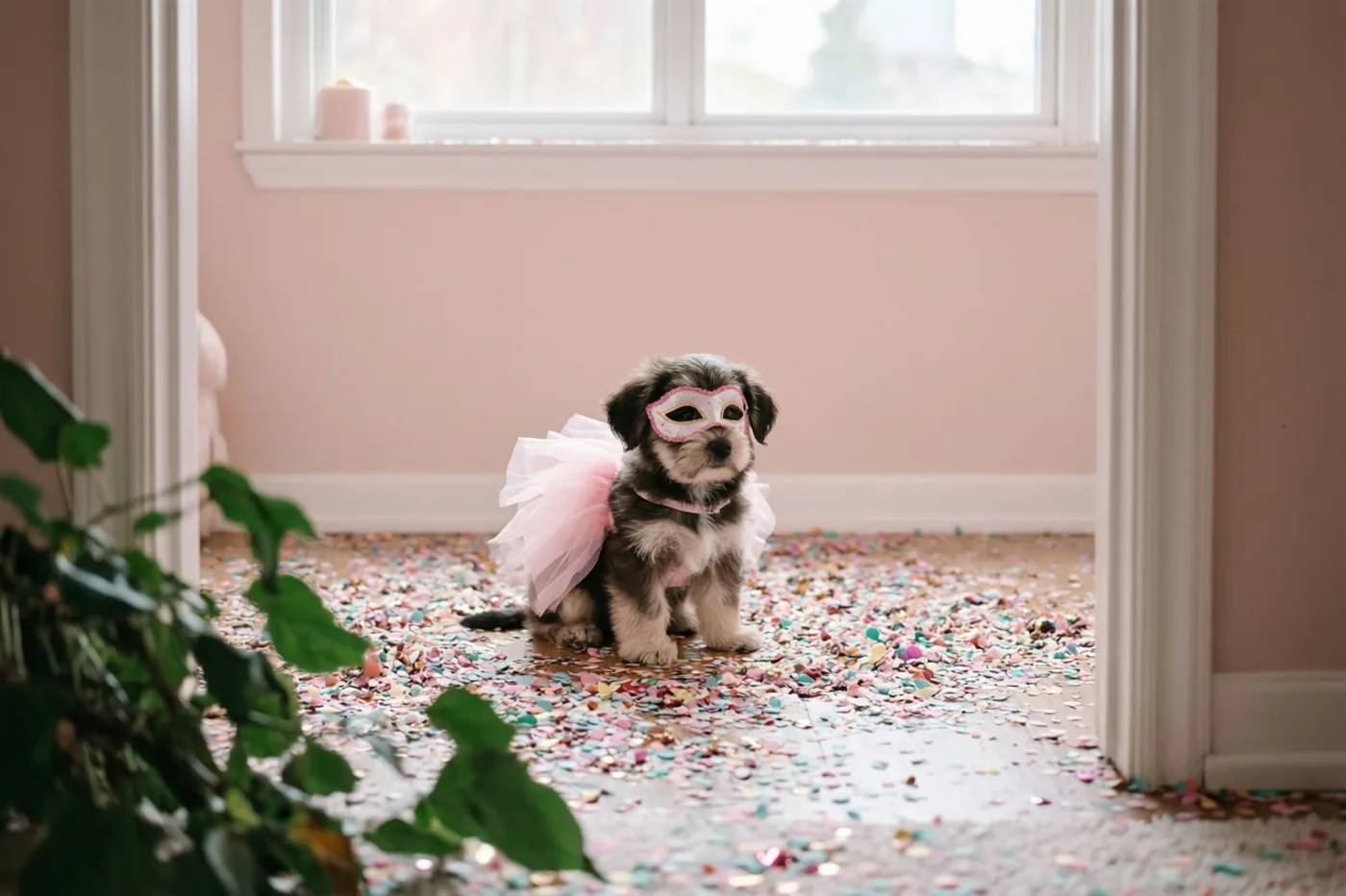 Een kleine puppy met een roze tutu en een versierd masker zit op een houten vloer vol kleurrijke confetti in een kamer met roze muren en een raam.