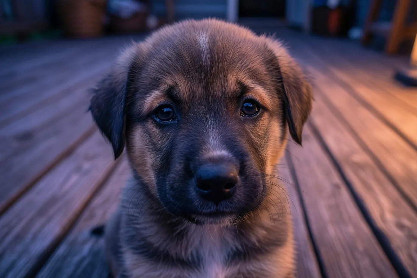 Een puppy met droevige ogen kijkt omhoog vanaf een houten vloer, in bruine, zwarte en warme oranje tinten.