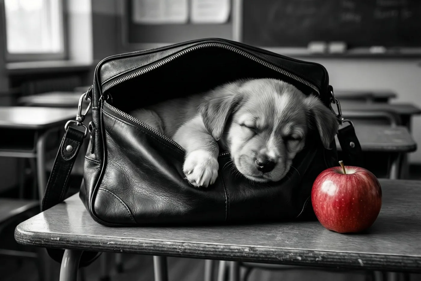 Een puppy slaapt in een open zwarte leren boekentas op een houten klasbureau naast een rode appel, met banken en een schoolbord in een verder zwart-wit beeld.