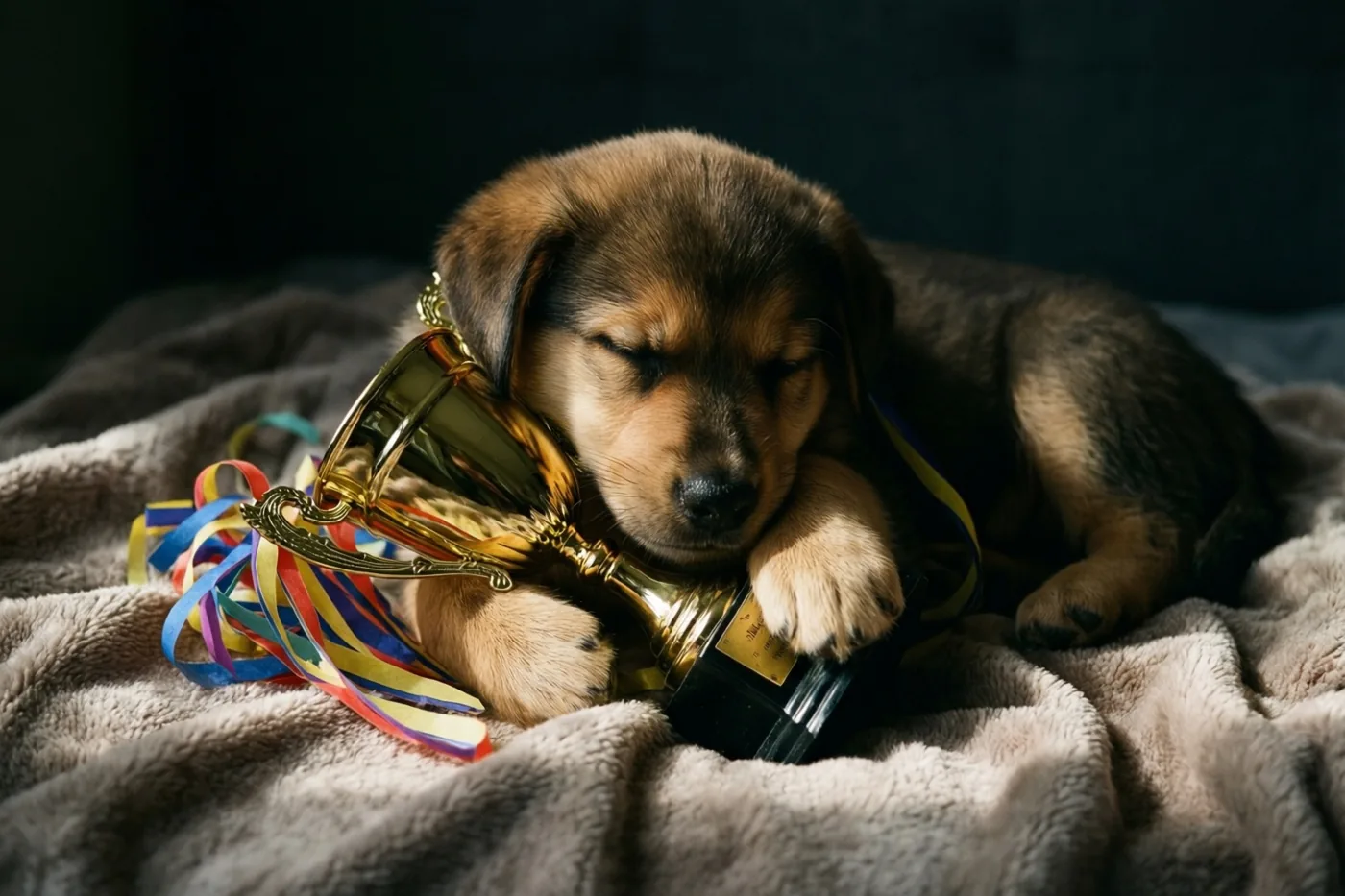 Een slaperige bruin-zwarte puppy ligt opgekruld op een zachte beige deken en omarmt een kleine gouden beker met kleurrijke slingers.