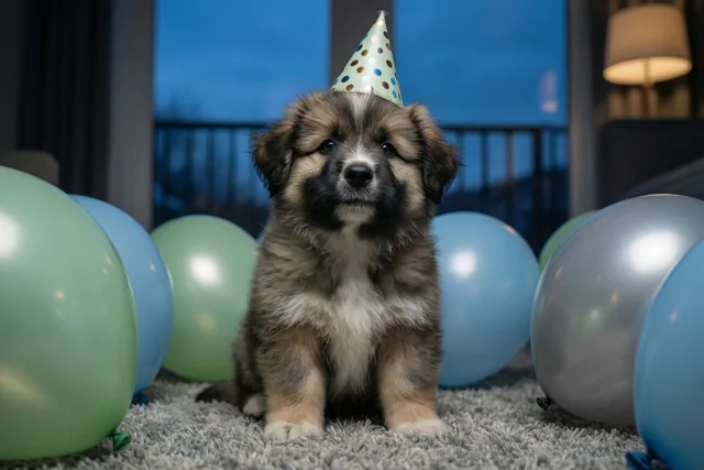 Puppy viert een knusse verjaardag