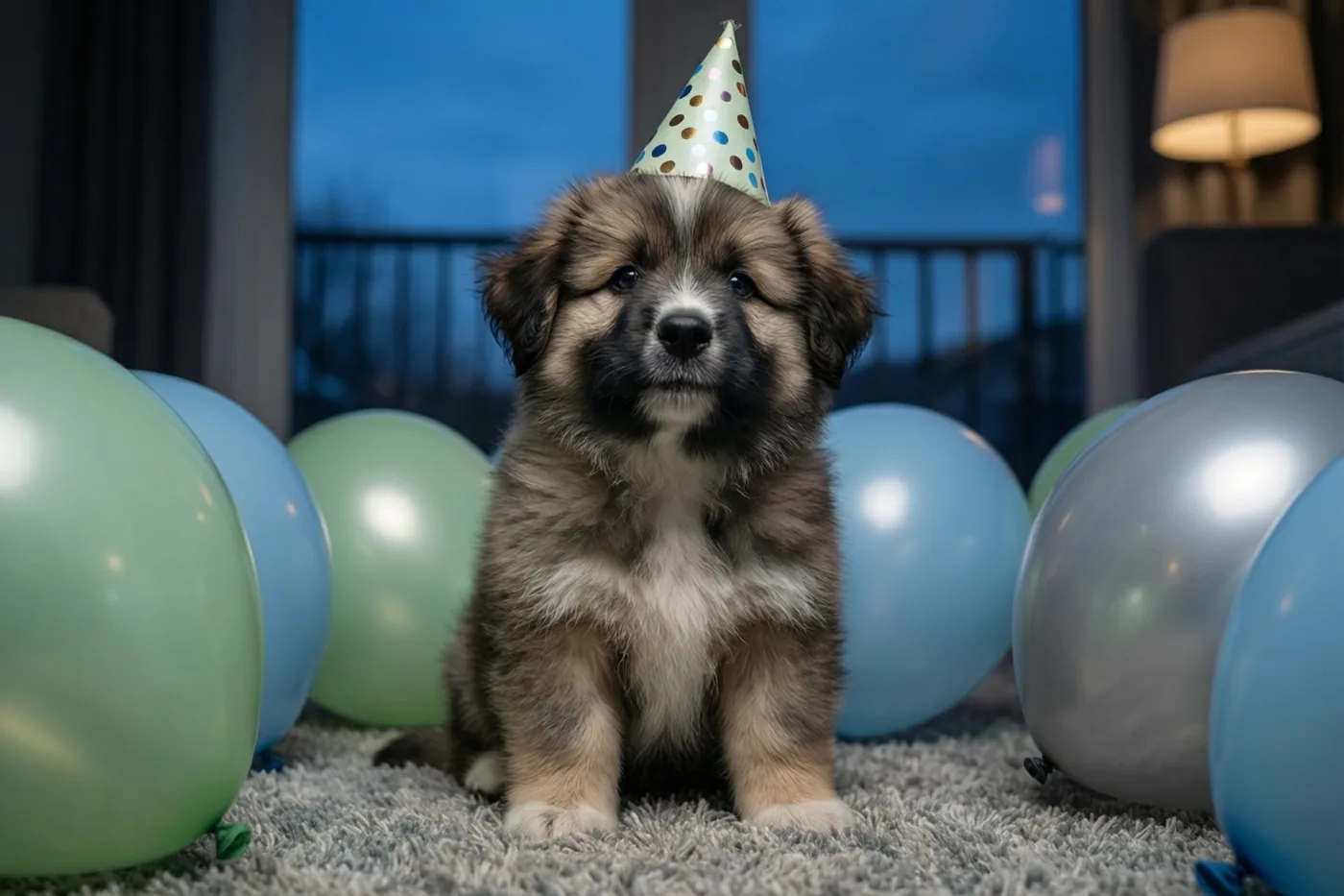 Een pluizige puppy met een klein feesthoedje zit op een zacht tapijt tussen pastelballonnen, met een lamp op de achtergrond en schemering buiten het raam.
