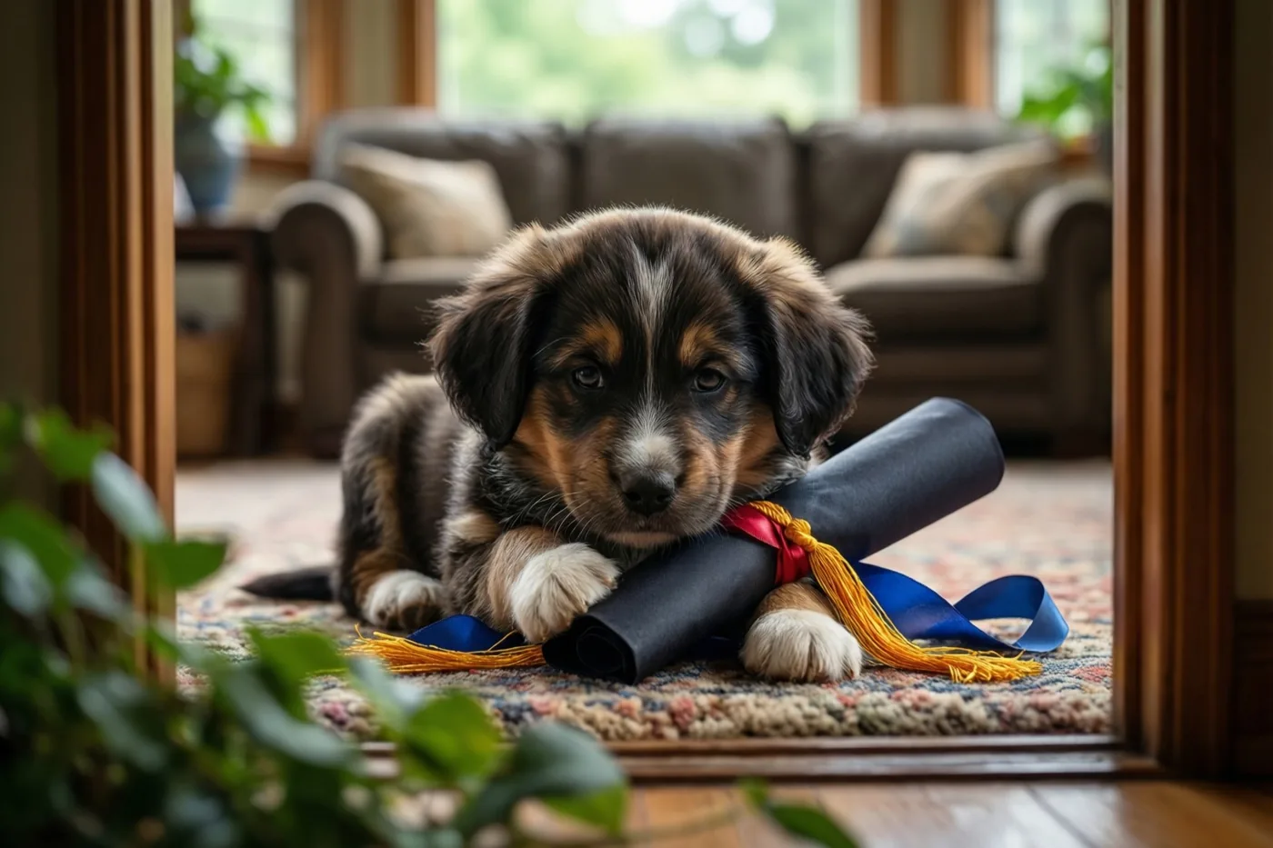 Door een houten deuropening is een zwart-bruin-witte puppy te zien die op een tapijt met een patroon een opgerold diploma met blauw lint en geel kwastje vasthoudt, met een zetel en ramen op de achtergrond.
