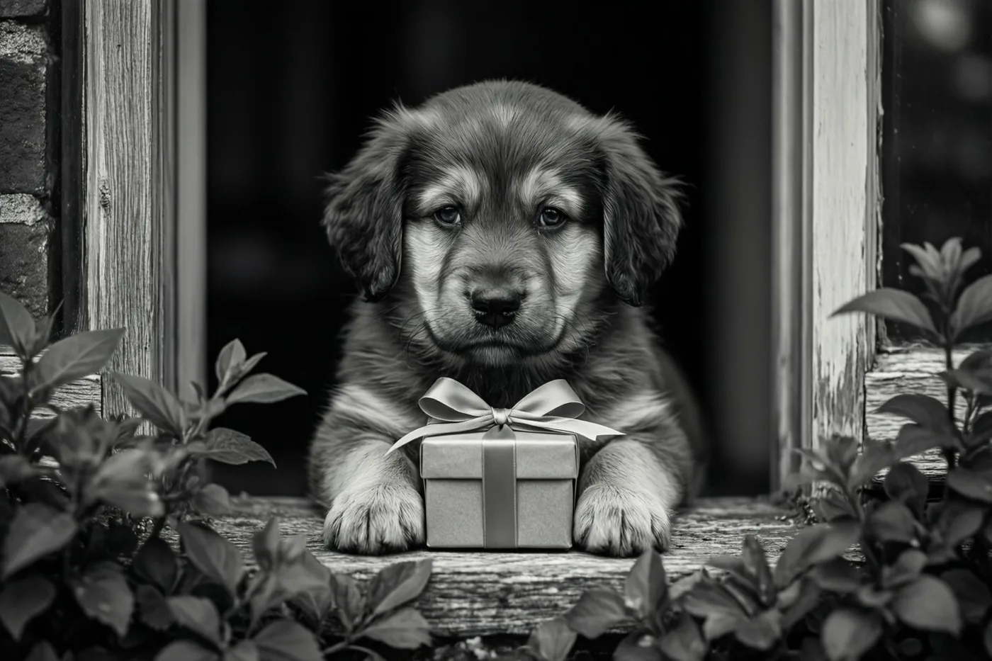 Op een zwart-witfoto zit een puppy op een houten vensterbank met een cadeautje met strik tussen de pootjes, omlijst door bladeren en verweerde houten raamkozijnen.