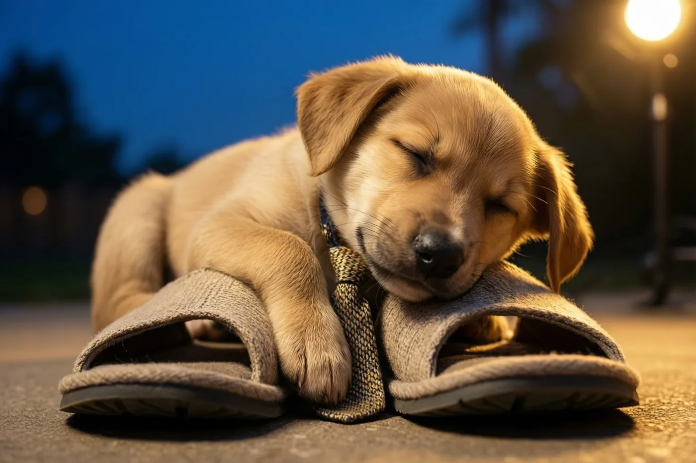 Een goudkleurig puppy met een klein gebreid dasje slaapt met zijn kop op beige pantoffels, buiten onder een straatlamp bij een diepblauwe avondlucht.