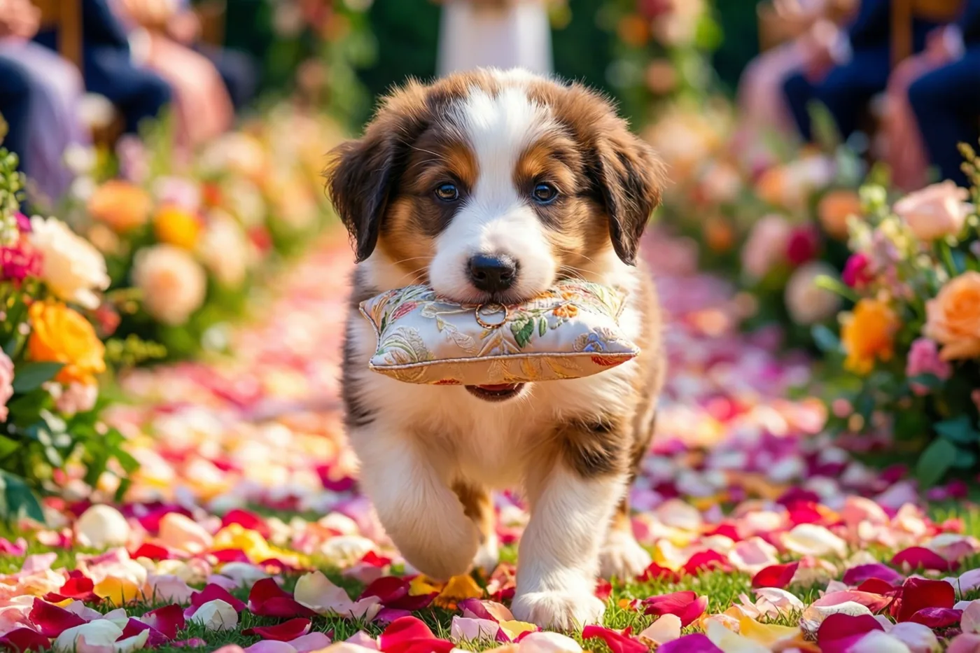Een pluizige bruin-witte puppy draagt een ringkussen met bloemenpatroon in zijn bek over een grasgangpad met kleurrijke rozenblaadjes, met wazige bloemstukken en zittende gasten op de achtergrond.