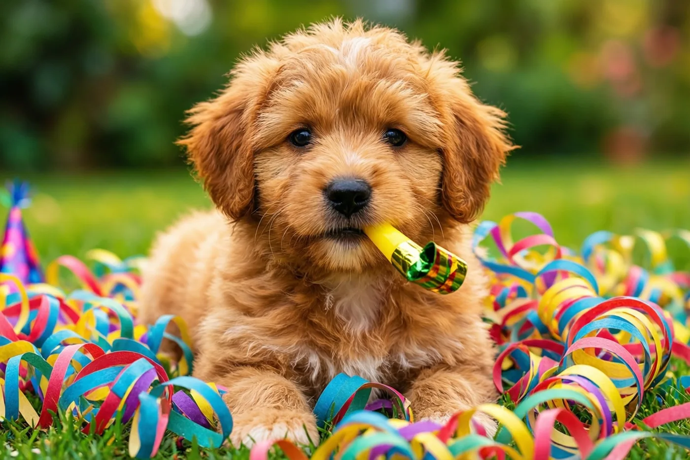 Een pluizige goudkleurige puppy zit op groen gras met een geel feesttoetertje in zijn bek, omringd door kleurrijke serpentines tegen een wazige groene achtergrond.