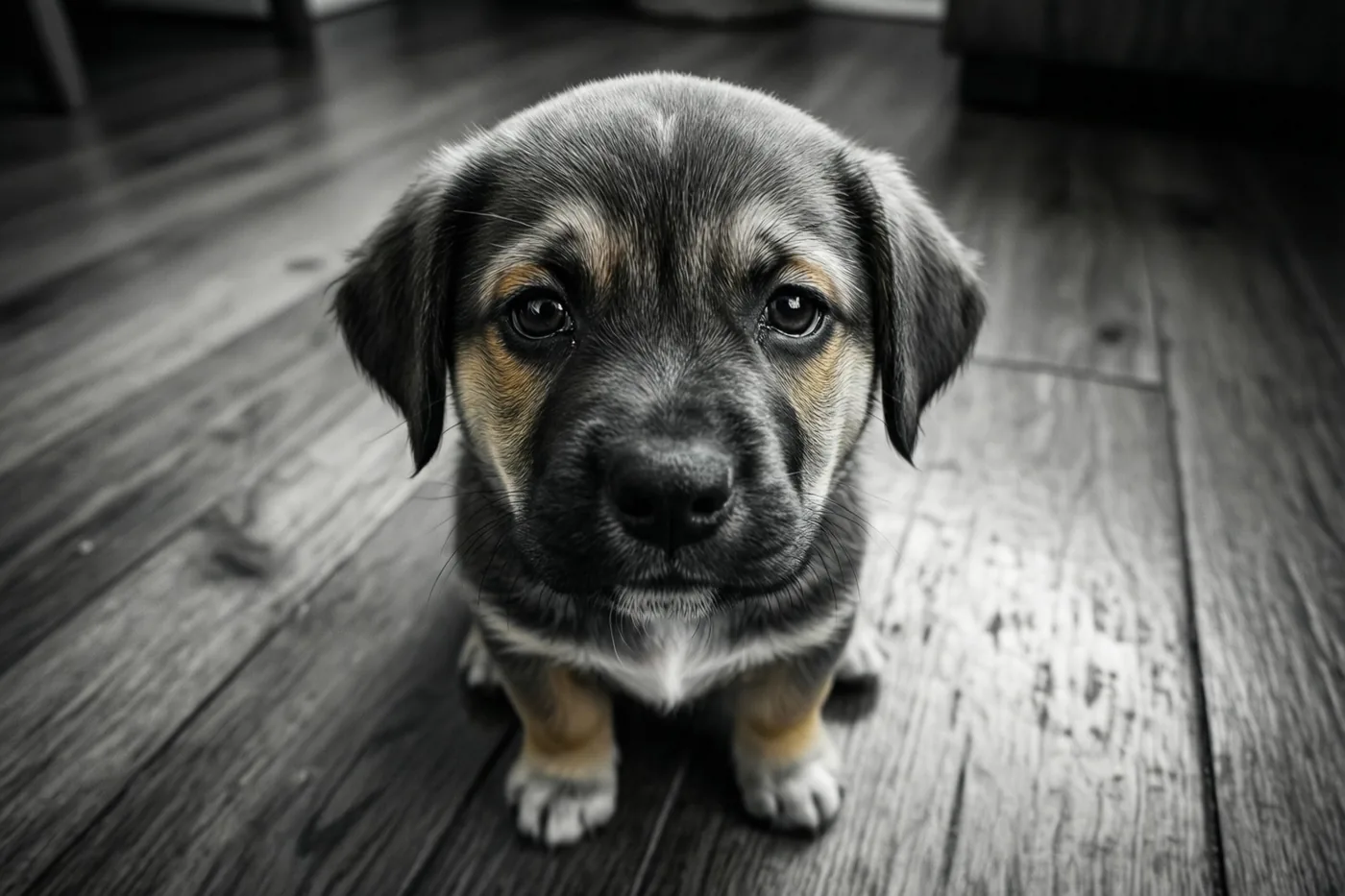 Een kleine puppy zit op een houten vloer en kijkt met droevige ogen naar de camera, in een zwart-witbeeld met gekleurde ogen en pootjes.