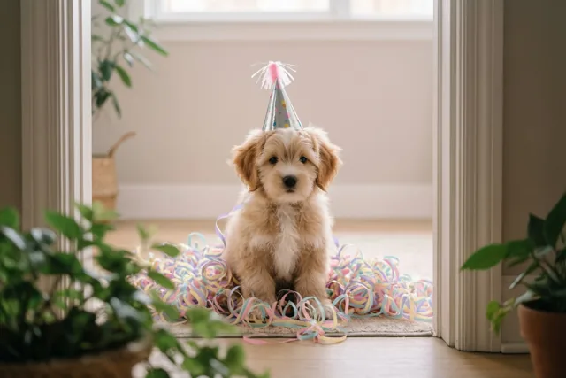 Een puppy verwelkomt het nieuwe jaar