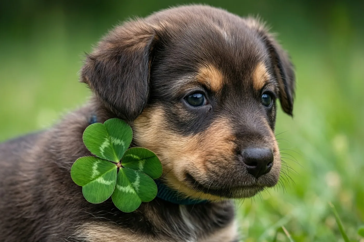 Een bruin puppy met lichtbruine vlekken draagt een klavertjevier aan zijn halsband, tegen een wazige achtergrond van groen gras.