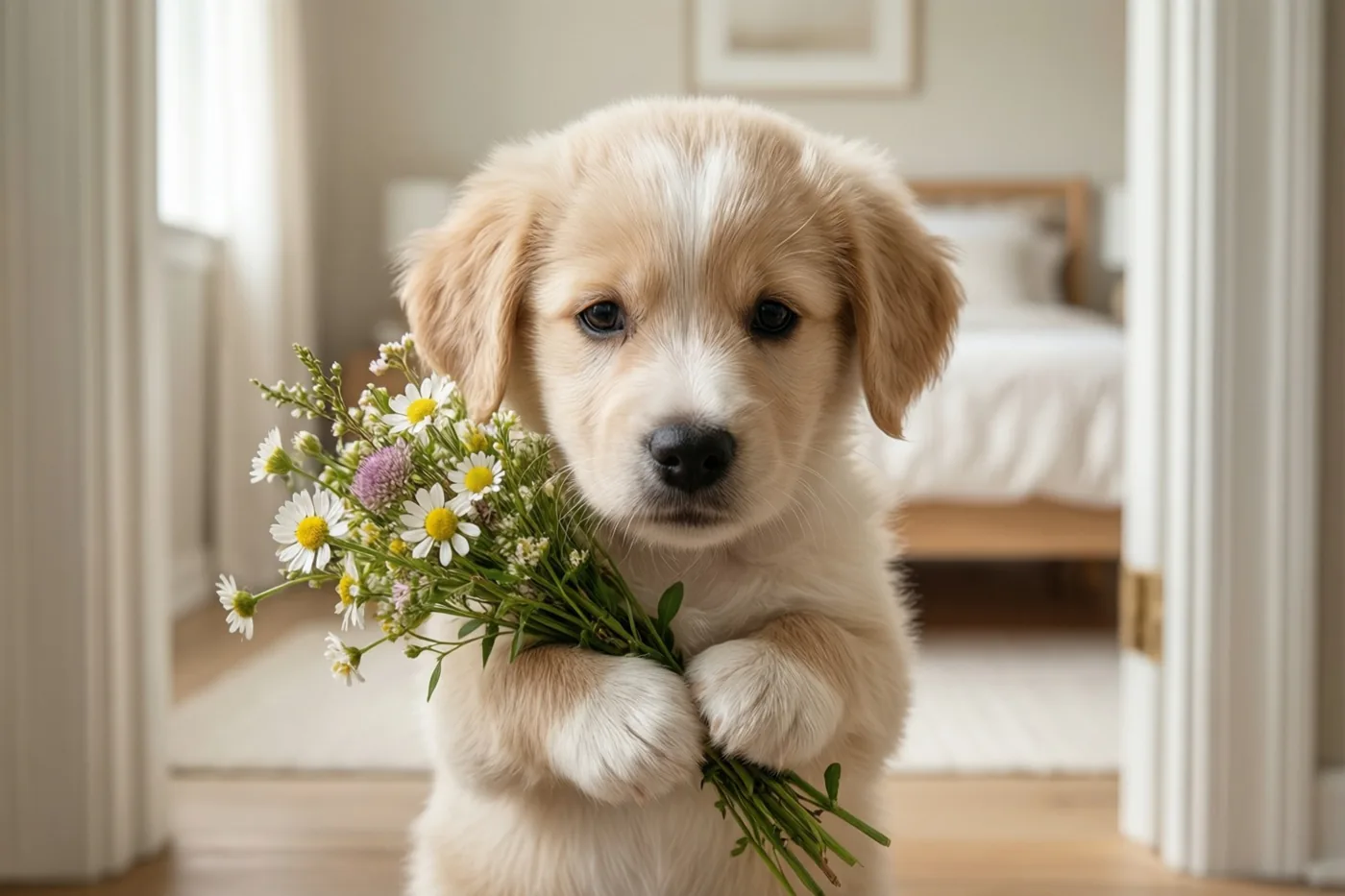 Een goldenretrieverpuppy staat in een deuropening met een boeketje madeliefjes en andere veldbloemen, met een bed op de zacht verlichte achtergrond.
