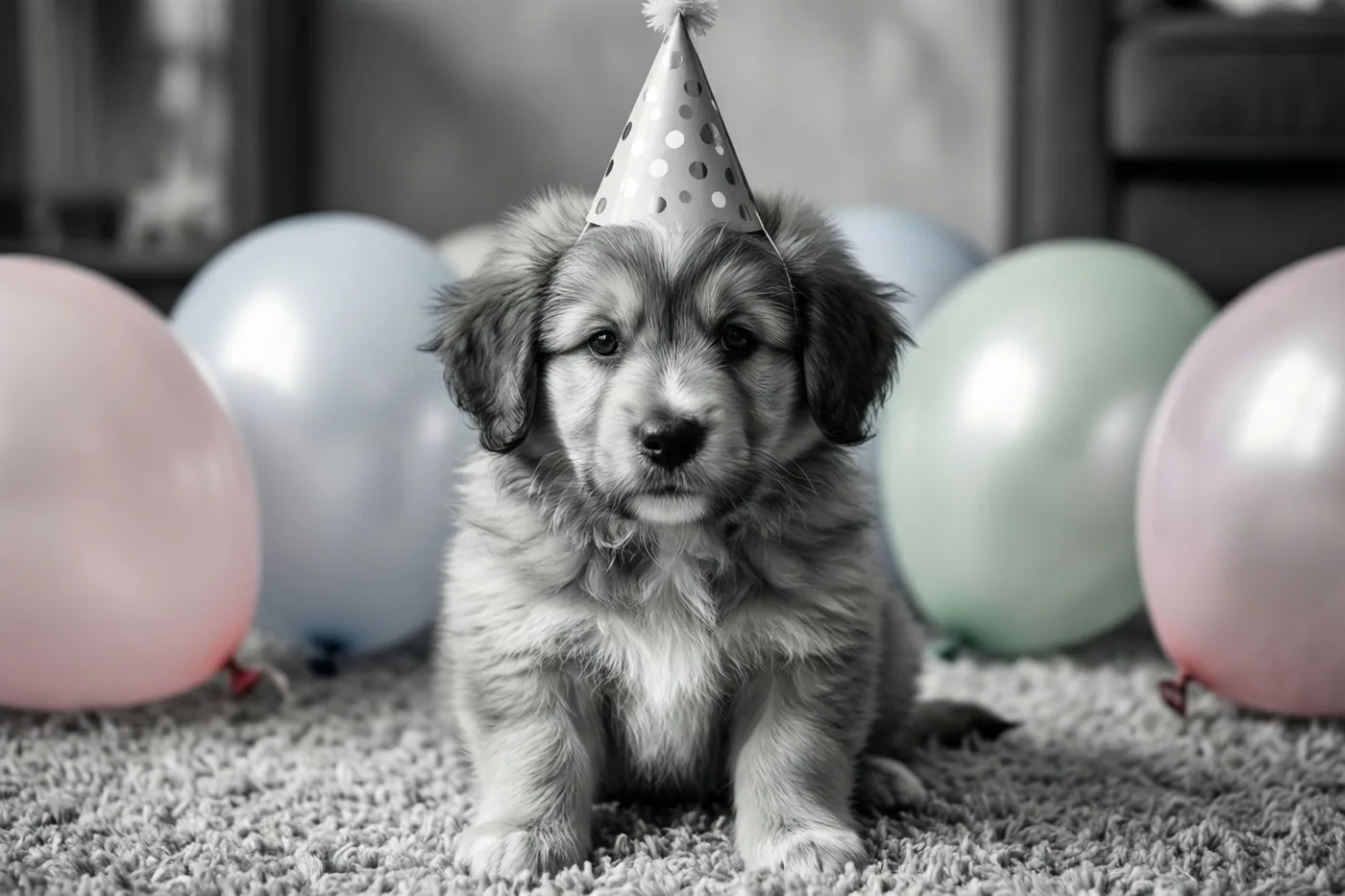 Een pluizige puppy met een klein papieren feesthoedje zit op een zacht tapijt tussen pastelballonnen, in gedempte tinten met enkele kleuraccenten.