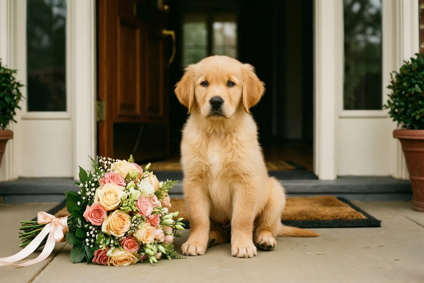 Een goldenretrieverpuppy zit op een betonnen drempel naast pastelrozen en groen met een roze lint, voor een houten voordeur met potplanten aan weerszijden.