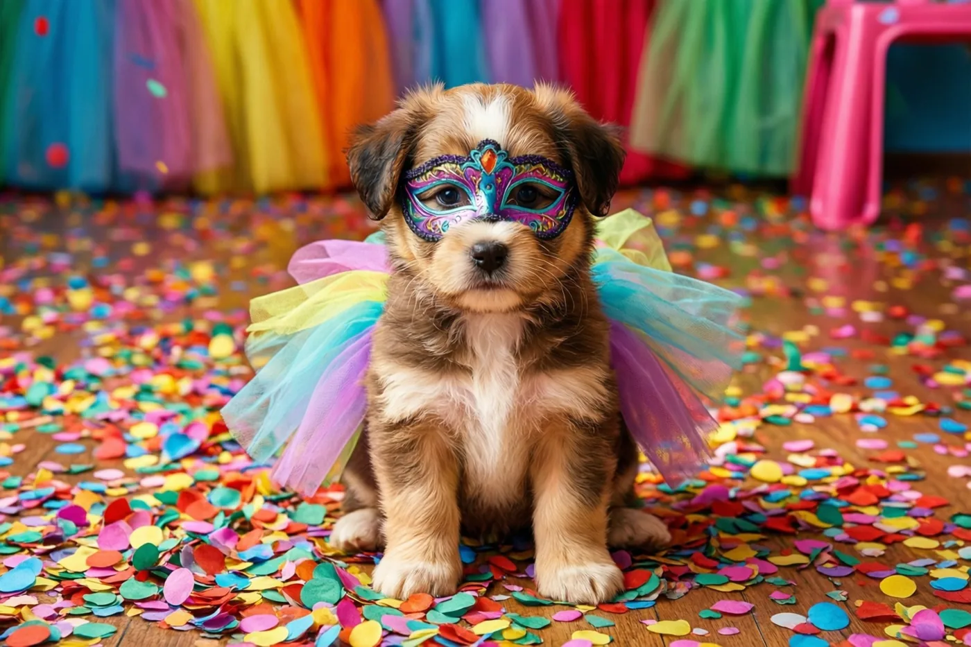 Een kleine puppy met een kleurrijk masker en een regenboogtutu zit op een houten vloer vol confetti voor een regenboogkleurig gordijn en een roze plastic krukje.