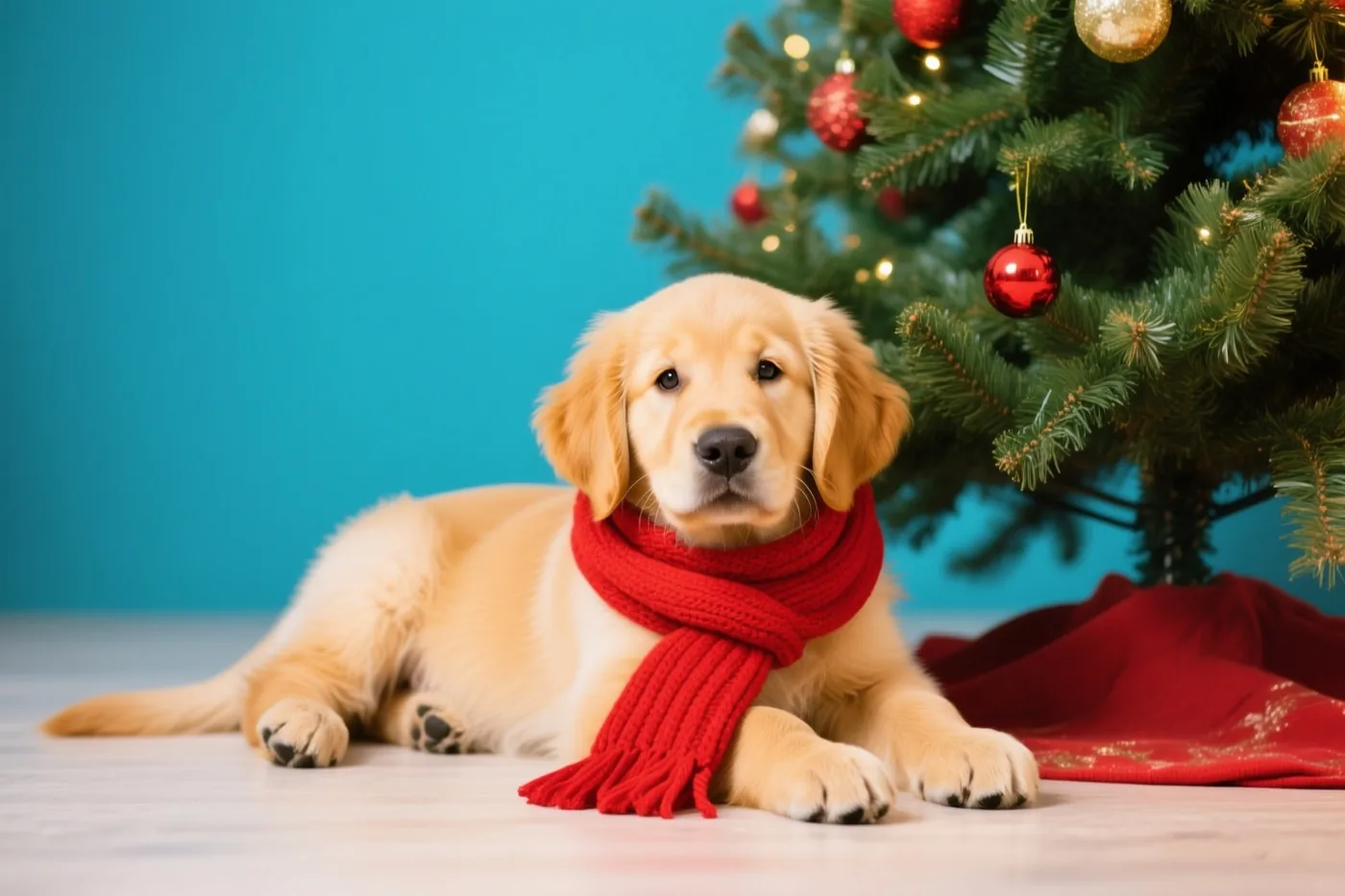 Een goldenretrieverpup met een rode sjaal ligt op een lichte vloer naast een versierde kerstboom, tegen een effen blauwe achtergrond met warm licht.