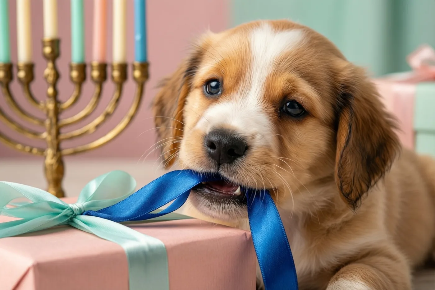 Een kleine bruin-witte puppy kauwt op een blauw lint rond een roze cadeaudoos naast een gouden kandelaar met gekleurde kaarsen tegen een zachte pastelachtergrond.