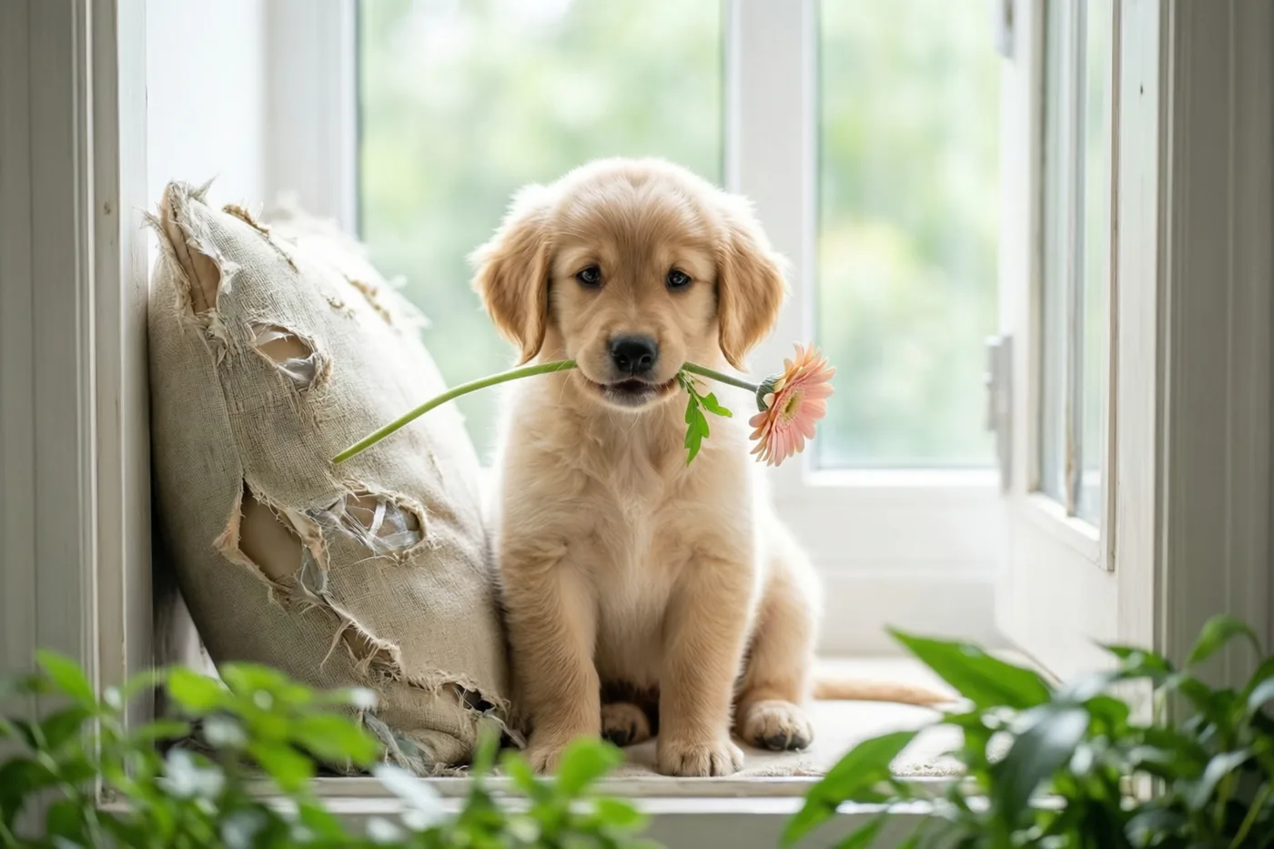 Een goldenretrieverpuppy zit op een vensterbank met een roze gerbera in zijn bek naast een versleten, gescheurd beige kussen, met groen blad op de voorgrond.