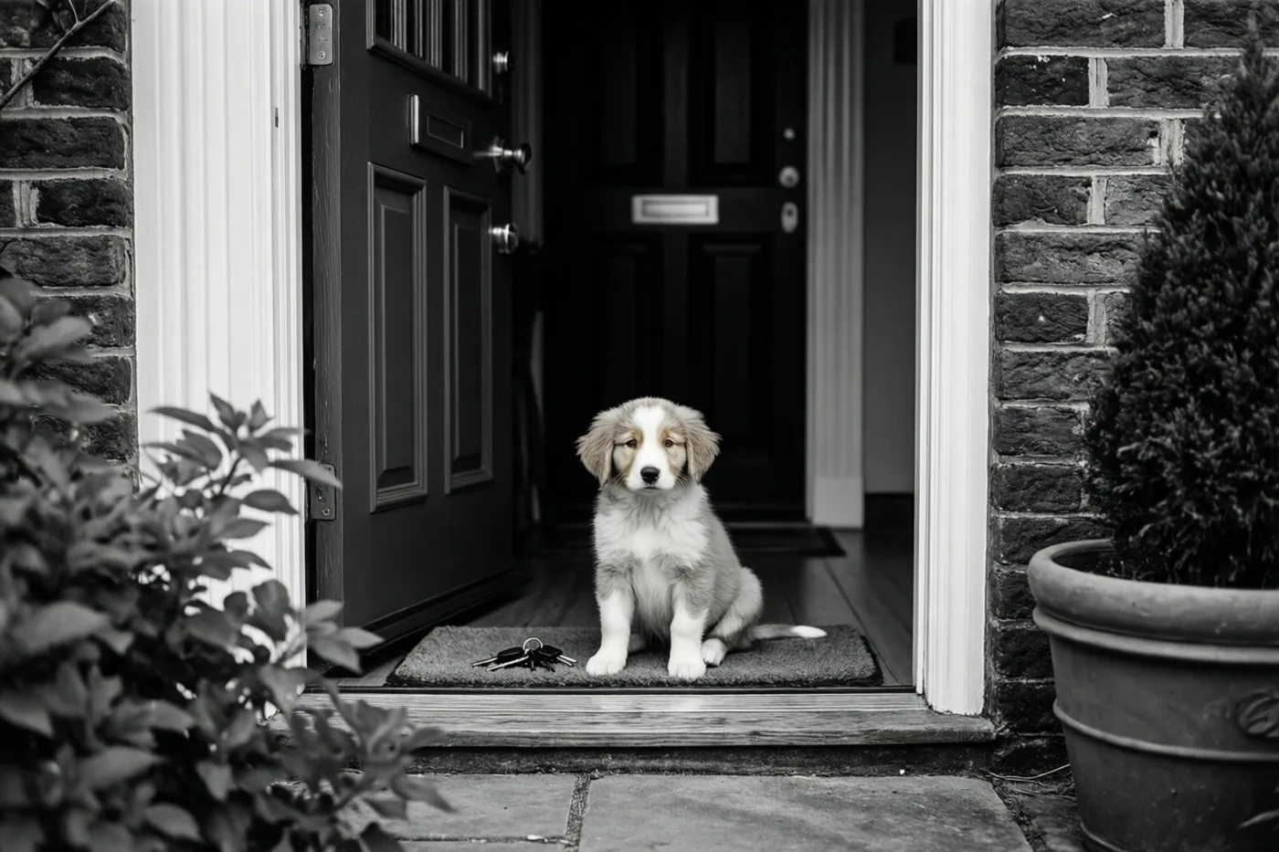 Op een zwart-witfoto zit een kleine puppy op een deurmat bij de voordeur, met een stel sleutels ernaast.