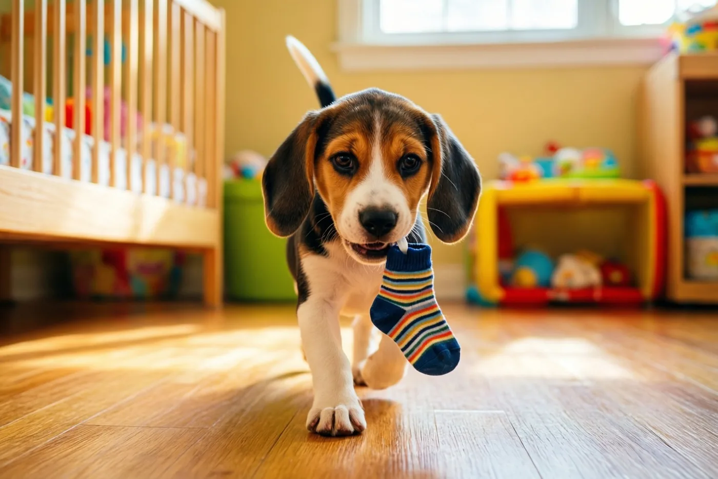 Een beaglepuppy draaft met een klein gestreept babysokje in zijn bek over een houten vloer in een warm verlichte babykamer met gele muren en kleurrijke meubels.