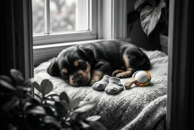 Kleine puppy, zachte babydromen