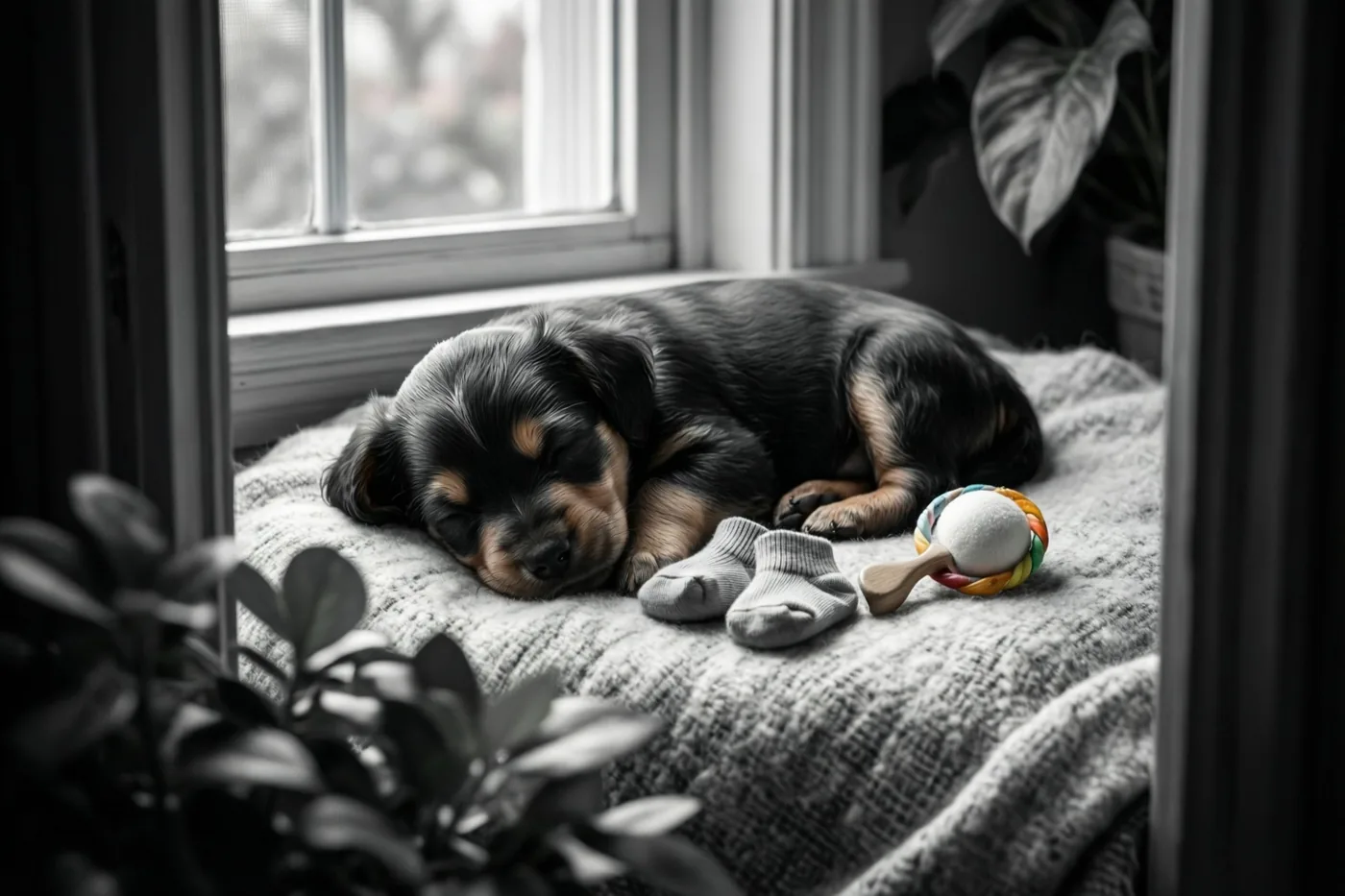 Een zwart-bruine puppy slaapt op een grijze deken met structuur naast kleine grijze sokjes en een kleurrijke zachte rammelaar bij een raam.