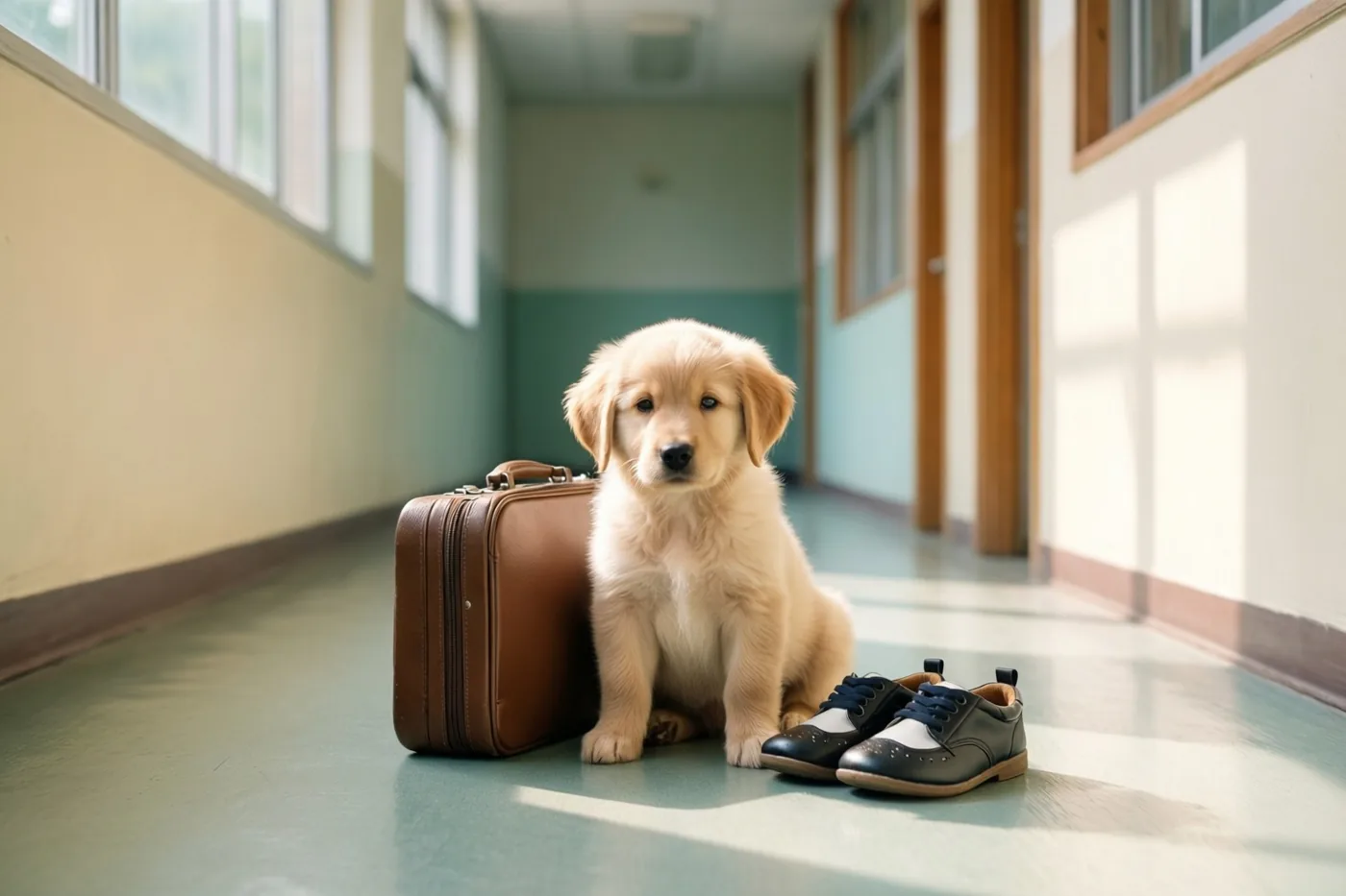 Een goldenretrieverpuppy zit in een zonnige gang naast een bruine aktetas en een paar zwart-witte schoenen.