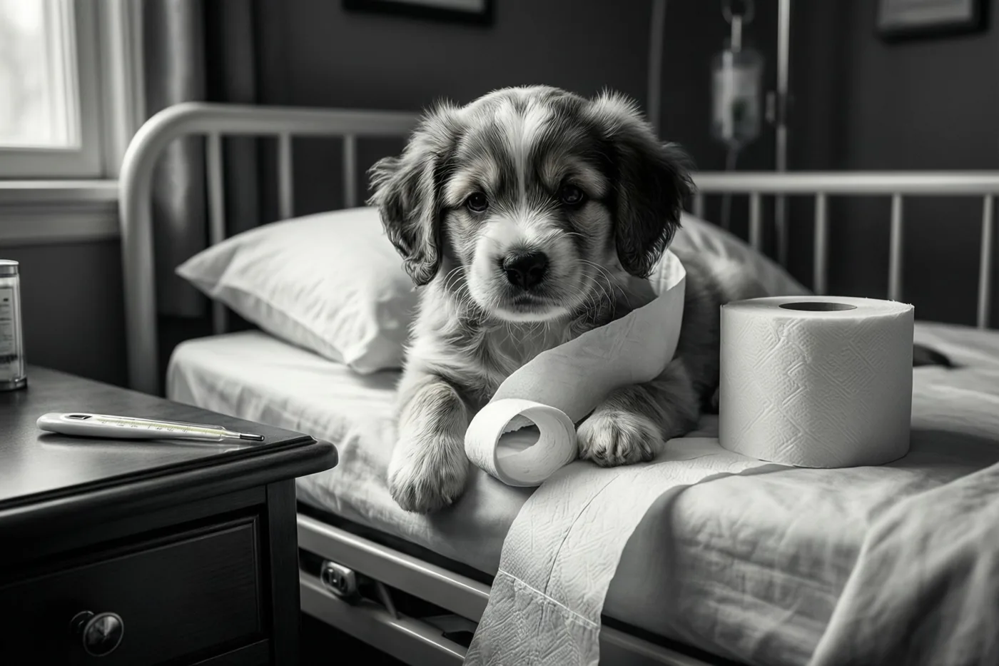 Een kleine puppy ligt in een lange strook toiletpapier op een ziekenhuisbed naast een volle rol, met een thermometer op het nachtkastje en een infuus op de achtergrond.