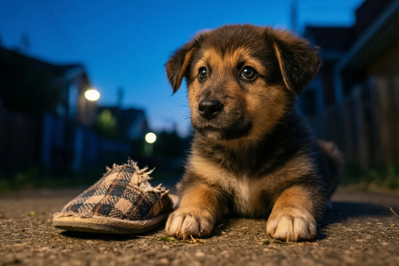 Een kleine bruin-zwarte puppy ligt op bestrating naast een kleine aangevreten geruite pantoffel en kijkt omhoog, met een blauwe avondlucht en straatlichten in de verte.