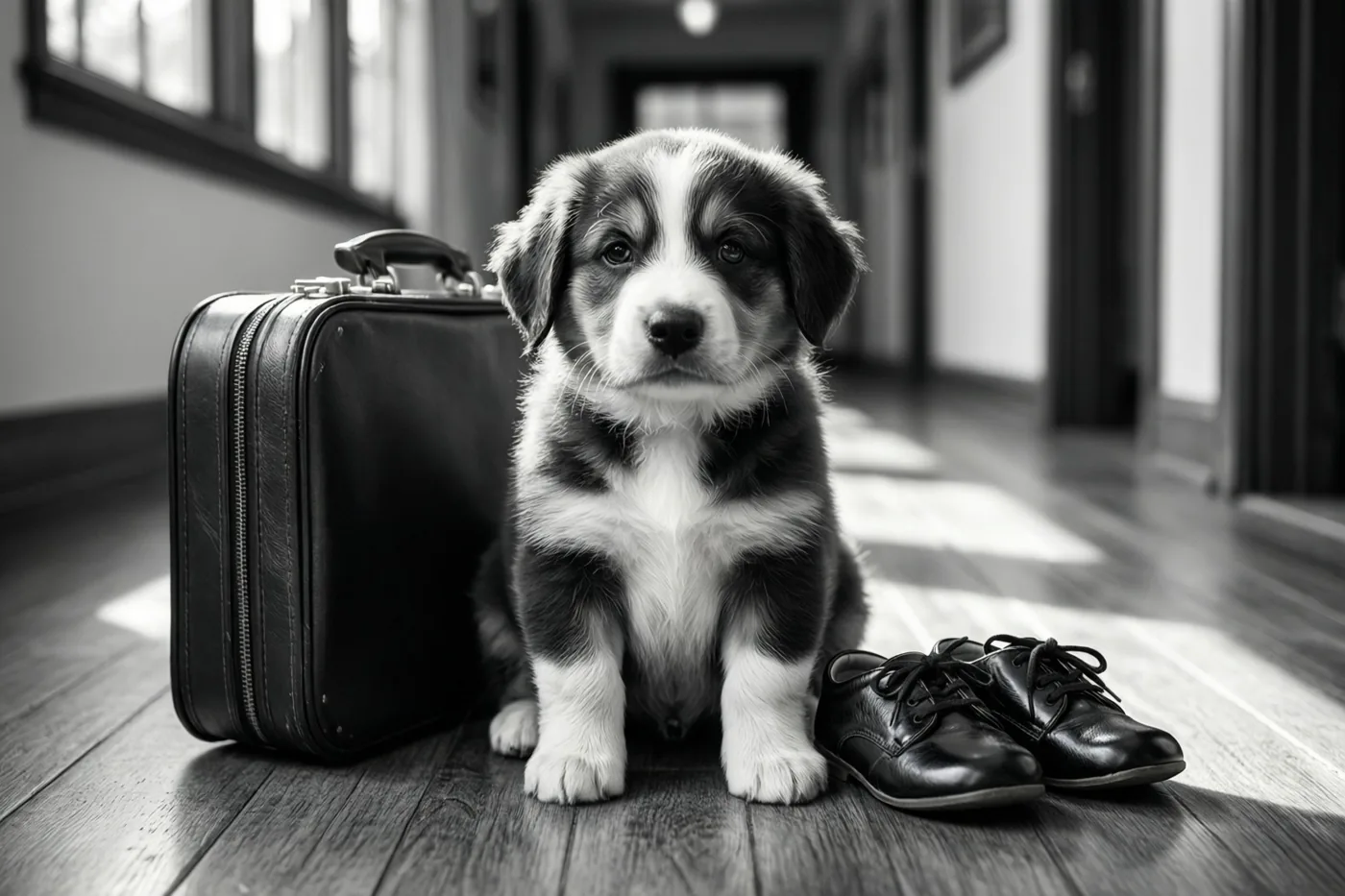 Een puppy zit op een houten vloer in een gang naast een oude reiskoffer en nette schoenen op een zacht belichte zwart-witfoto.