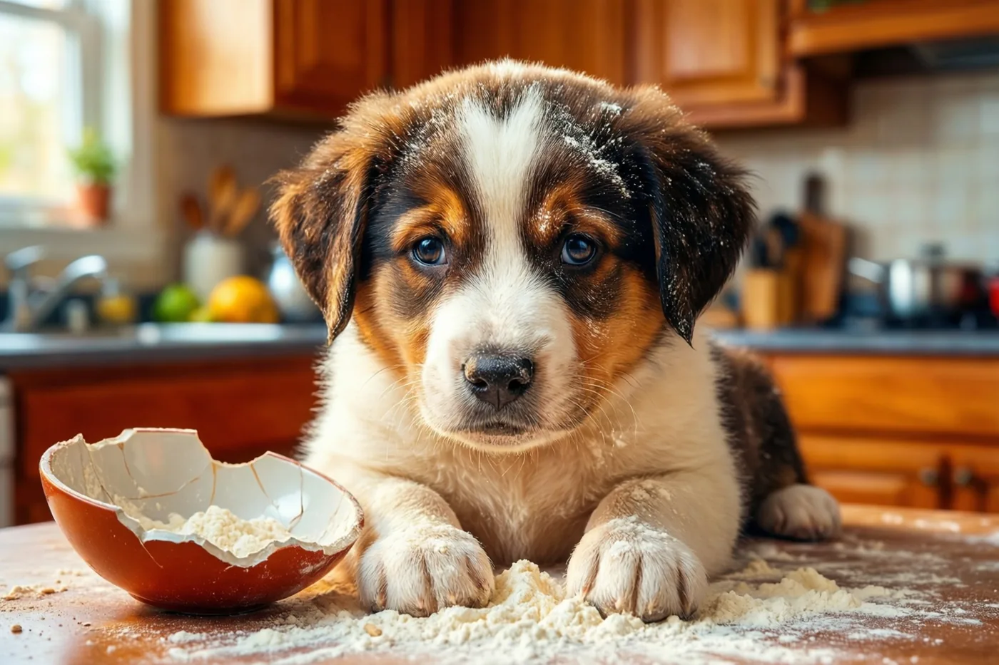 Een bruin-witte puppy met bloem op zijn vacht ligt op een houten keukenwerkblad naast een gebroken rode kom met bloem.