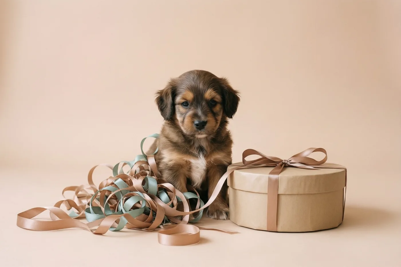 Een kleine bruine puppy zit naast een ronde geschenkdoos met lint, omringd door een wirwar van linten tegen een beige achtergrond.