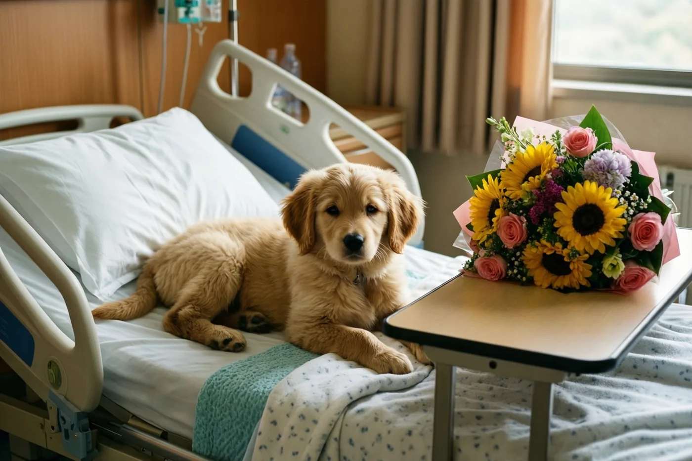 Een pluizige goudkleurige puppy ligt op een ziekenhuisbed naast een kleurrijk boeket zonnebloemen en rozen op een bedtafeltje, in een zacht verlichte ziekenhuiskamer.