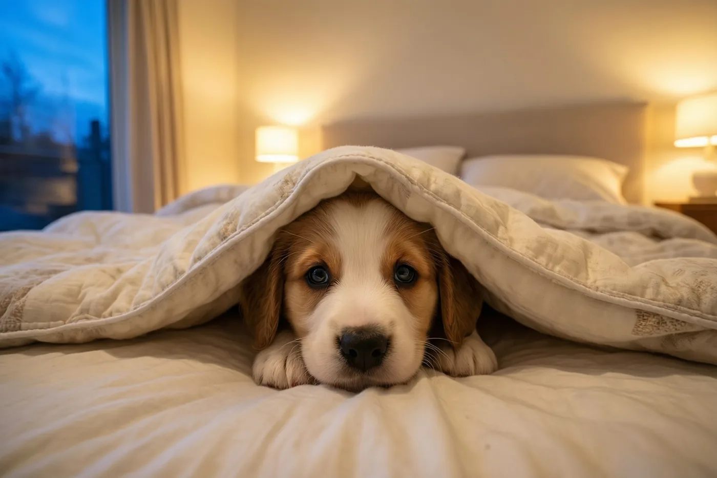 Een bruin-witte puppy kijkt vanonder een crèmekleurig dekbed op een bed, met warm licht van bedlampjes en schemerlicht buiten het raam.