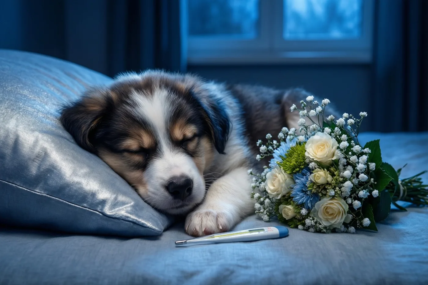 Een slapende puppy met bruine, zwarte en witte vacht ligt op een blauw kussen op bed, naast witte rozen, blauwe bloemen en een digitale thermometer in koel blauw licht.