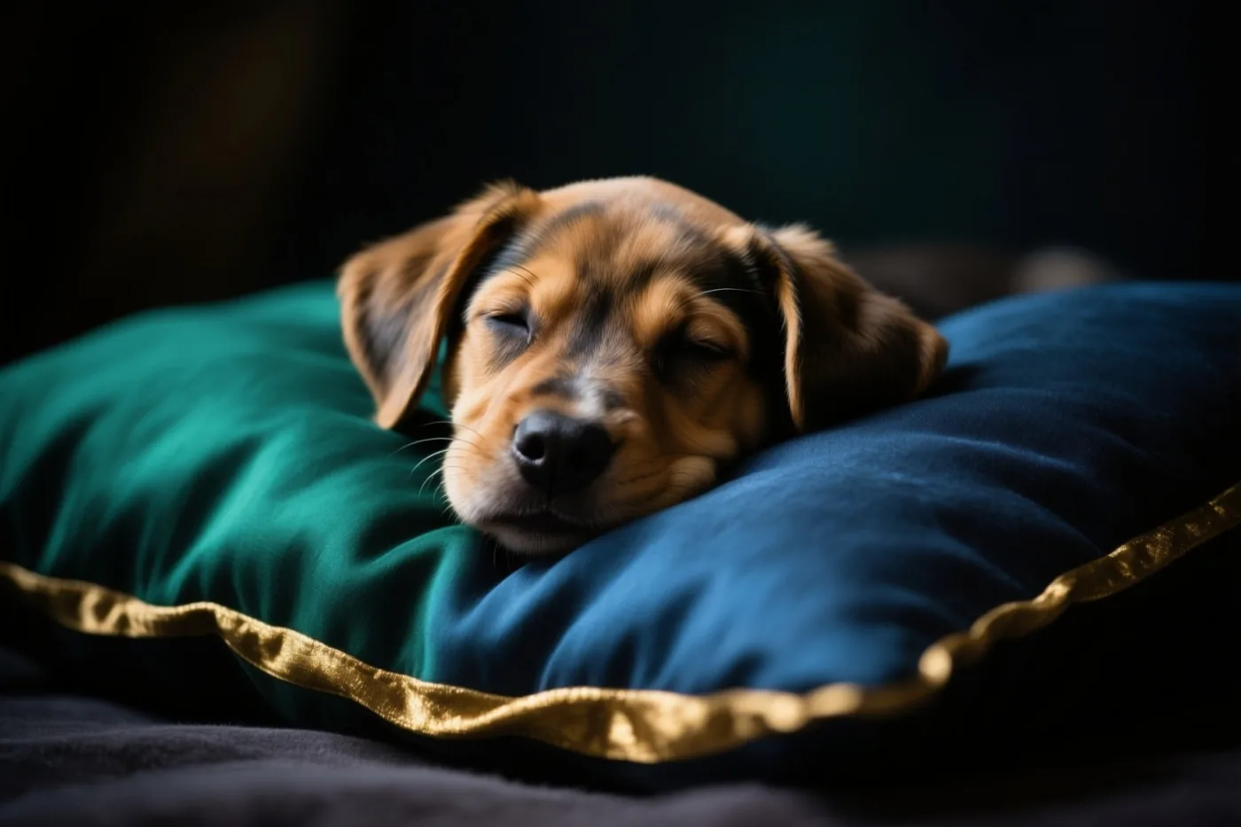 Een bruinzwarte puppy slaapt met zijn kop op een donkerturkoois en marineblauw kussen met een gouden rand tegen een donkere achtergrond.
