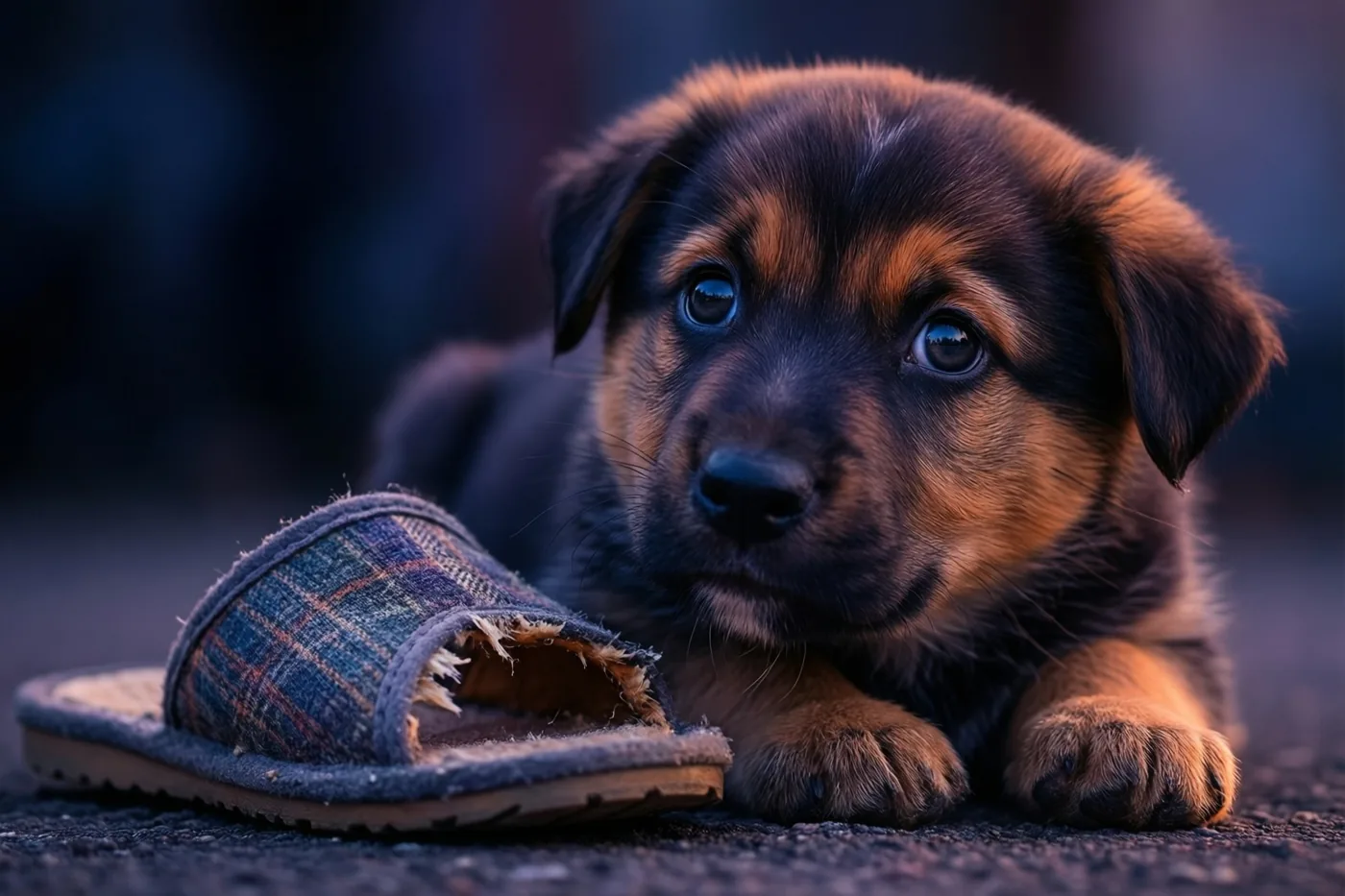 Een kleine puppy met een donkere en lichtbruine vacht ligt naast een kleine aangevreten pantoffel op een donkere ondergrond met structuur en kijkt omhoog in zacht warm licht.