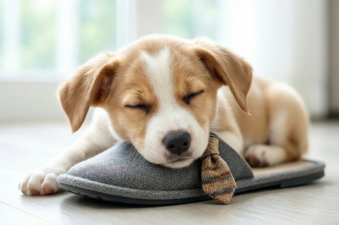 Een bruin-wit puppy slaapt met zijn kop op een grijze pantoffel waaraan een klein gebreid dasje vastzit, op een lichte houten vloer met raamlicht op de achtergrond.