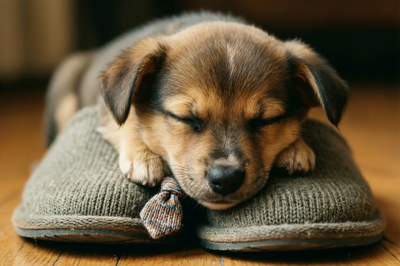 Een puppy met hangoren en een klein gebreid dasje slaapt op groene gebreide pantoffels op een houten vloer in zacht warm licht.