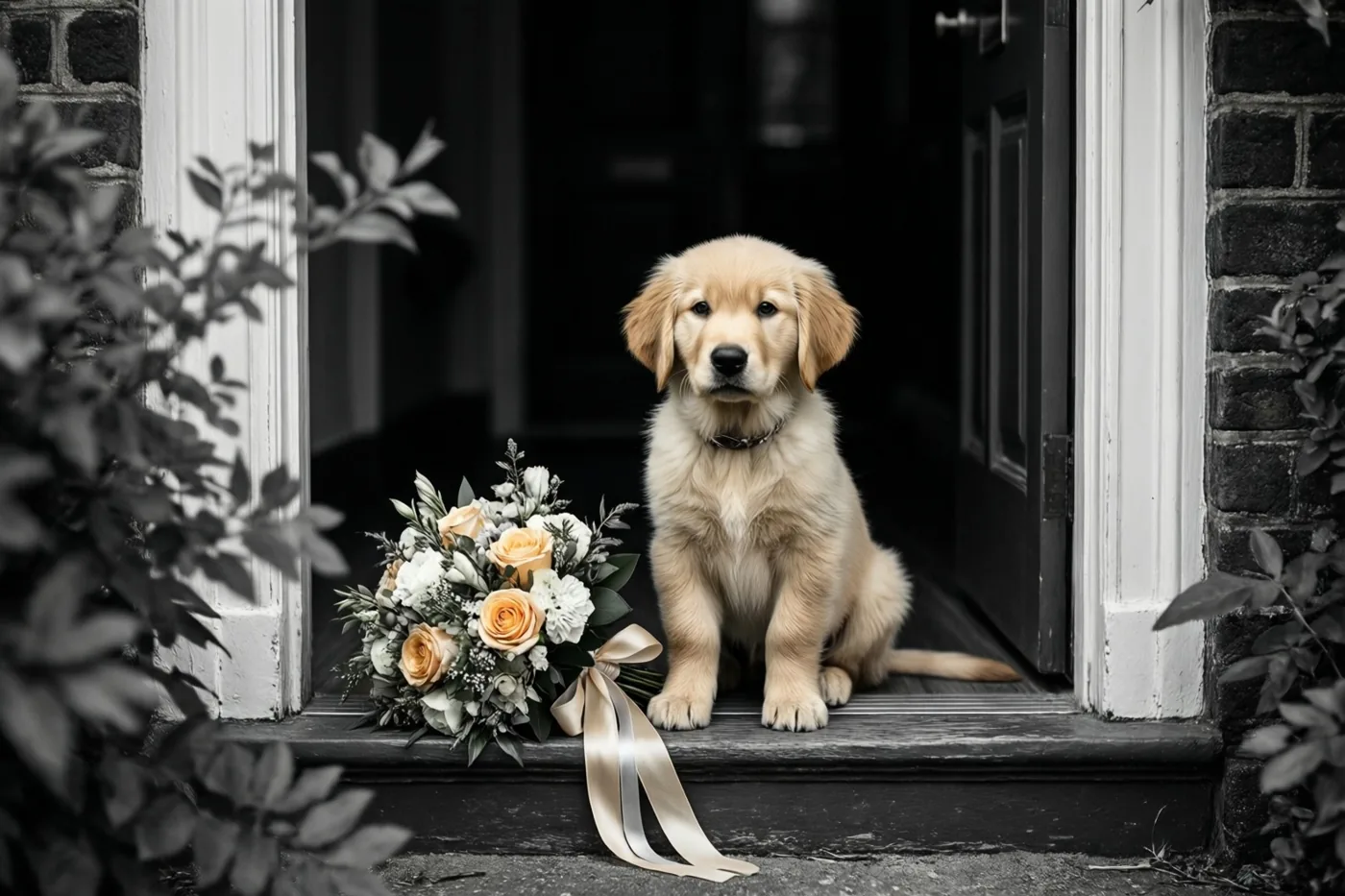 Een goudkleurige puppy zit op een donkere houten drempel naast een boeket met een crèmekleurig lint, tussen een witte deurstijl en donkere bakstenen muren.